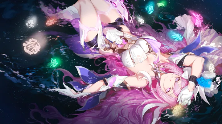 1girl,arm_up,breasts,cleavage,on_back,bangs,solo,closed_mouth,hair_ornament,pointy_ears,hair_between_eyes,gloves,horizontal,water,white_gloves,white_dress,looking_at_viewer,smile,pink_hair,pink_eyes,elf,purple_eyes,bug,butterfly,lying,large_breasts,dress,long_hair,bare_shoulders,flower