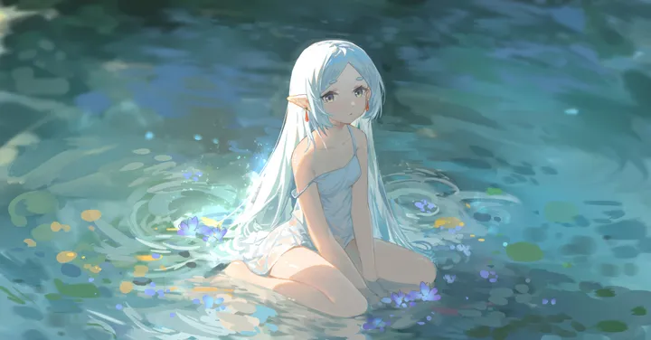 1girl,between_legs,breasts,parted_bangs,bangs,solo,sitting,pointy_ears,very_long_hair,parted_lips,outdoors,hand_between_legs,sleeveless,sleeveless_dress,horizontal,water,jewelry,white_hair,white_dress,looking_at_viewer,elf,earrings,blush,strap_slip,wet_clothes,wet,bare_legs,bare_arms,barefoot,small_breasts,dress,collarbone,long_hair,bare_shoulders,flower,wariza