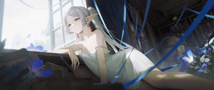 1girl,ribbon,book,bookshelf,breasts,on_side,parted_bangs,bangs,solo,twintails,closed_mouth,hair_bun,pointy_ears,indoors,ring,sleeveless,sleeveless_dress,horizontal,grey_hair,jewelry,white_dress,looking_at_viewer,window,curtains,elf,green_eyes,earrings,spaghetti_strap,blue_ribbon,blue_flower,strap_slip,bare_arms,lying,small_breasts,dress,collarbone,long_hair,bare_shoulders,flower