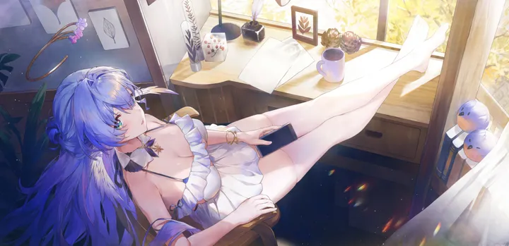 1girl,book,breasts,cleavage,full_body,bangs,solo,hair_bun,halo,indoors,very_long_hair,bracelet,holding,cup,plant,horizontal,no_shoes,lamp,jewelry,white_thighhighs,white_dress,potted_plant,looking_at_viewer,window,curtains,feathered_wings,wings,blue_hair,blue_eyes,character_doll,lying,large_breasts,thighhighs,dress,long_hair,bare_shoulders,detached_collar