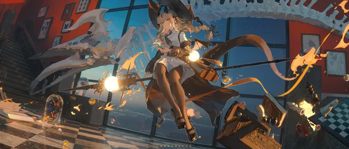 1girl,braid,book,bangs,bag,solo,sitting,scythe,witch_hat,indoors,hat,gloves,holding,checkered_floor,chess_piece,staff,horizontal,floating,fire,picture_frame,skirt,window,basket,candle,thighhighs,dress,pantyhose,blonde_hair,long_hair,shoes,witch,black_headwear,black_footwear