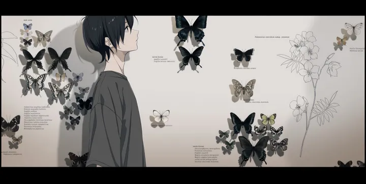 1boy,upper_body,from_side,profile,solo,closed_mouth,horizontal,grey_shirt,letterboxed,male_focus,short_hair,english_text,bug,butterfly,shirt,shadow,flower,black_hair