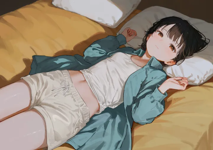 1girl,cowboy_shot,breasts,on_back,bangs,solo,hands_up,closed_mouth,on_bed,jacket,indoors,stomach,bed,bed_sheet,head_on_pillow,pillow,brown_hair,brown_eyes,horizontal,aqua_jacket,white_shorts,white_shirt,looking_at_viewer,short_hair,shorts,short_shorts,navel,blush,blue_jacket,shirt,open_jacket,open_clothes,lying,small_breasts,collarbone,long_sleeves,midriff,black_hair