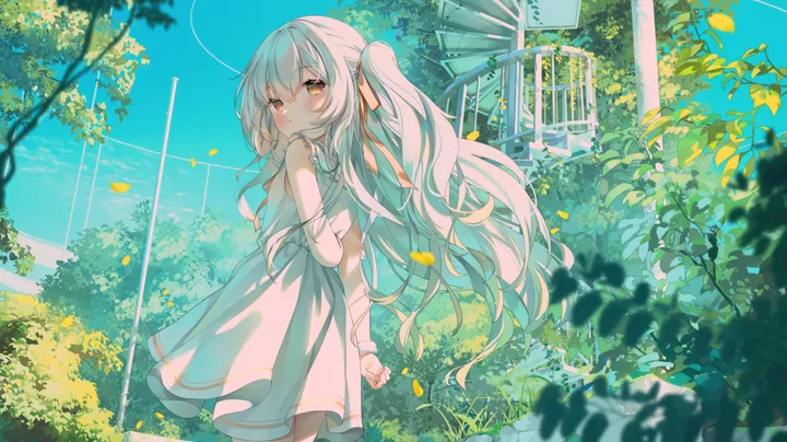 1girl,ribbon,bangs,solo,leaf,looking_back,sky,sundress,hair_ribbon,hair_between_eyes,very_long_hair,outdoors,sleeveless,sleeveless_dress,tree,brown_eyes,horizontal,orange_eyes,day,white_hair,white_dress,looking_at_viewer,standing,from_behind,blush,blue_sky,dress,long_hair,bare_shoulders