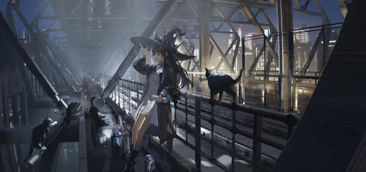 1girl,bangs,solo,kneehighs,cityscape,coat,night,jacket,witch_hat,hat,building,outdoors,hand_on_headwear,broom,open_coat,collared_shirt,railing,horizontal,cat,white_skirt,white_shirt,pleated_skirt,looking_at_viewer,skirt,standing,blue_eyes,shirt,socks,open_clothes,long_hair,long_sleeves,boots,scenery,witch,black_coat,black_hair,black_headwear,black_jacket,black_cat,black_socks,black_footwear