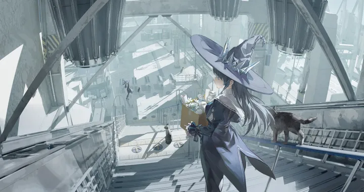 1girl,bangs,solo,stairs,witch_hat,hat,building,gloves,holding_bouquet,holding,railing,horizontal,cat,white_flower,standing,bouquet,blue_eyes,dress,long_hair,long_sleeves,scenery,witch,flower,black_hair,black_gloves