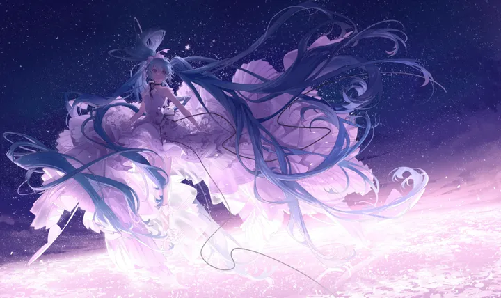 1girl,detached_sleeves,ribbon,full_body,bangs,solo,closed_eyes,twintails,night,night_sky,sky,very_long_hair,outdoors,gloves,sleeveless,star_sky,starry_sky,horizontal,aqua_hair,white_dress,smile,blue_hair,absurdly_long_hair,thighhighs,dress,long_hair,elbow_gloves,bare_shoulders,floating_hair,microphone