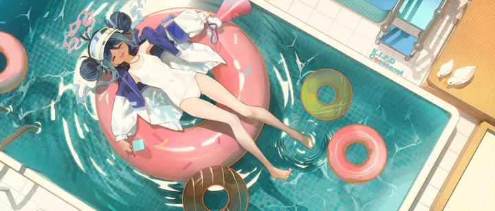 1girl,one-piece_swimsuit,double_bun,on_back,from_above,full_body,bangs,solo,closed_eyes,legs,ahoge,hair_bun,halo,headphones,jacket,open_mouth,horizontal,water,innertube,pool,swimsuit,tile_floor,white_jacket,white_one-piece_swimsuit,sleeping,feet,toes,bare_legs,barefoot,open_jacket,open_clothes,lying,visor_cap,long_hair,long_sleeves,bird,black_hair