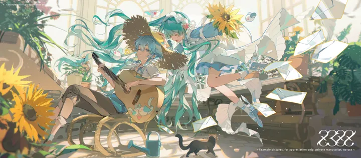 2girls,instrument,bangs,animal,acoustic_guitar,closed_eyes,dual_persona,twintails,guitar,sunflower,closed_mouth,sitting,multiple_girls,sun_hat,hair_flower,hair_ornament,indoors,hat,open_mouth,very_long_hair,holding_instrument,holding,plant,horizontal,aqua_hair,aqua_eyes,playing_instrument,denim,jeans,cat,bottle,electric_guitar,day,white_shirt,white_socks,white_dress,white_footwear,potted_plant,short_sleeves,torn_clothes,torn_pants,window,smile,frills,english_text,straw_hat,blue_hair,blue_eyes,blue_dress,blue_footwear,shirt,socks,pants,sneakers,dress,long_hair,sunlight,shoes,music,floating_hair,flower,yellow_flower,black_cat