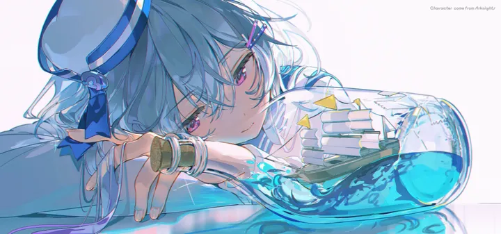 1girl,virtual_youtuber,bangs,solo,reflection,hairclip,closed_mouth,hair_ornament,hat,hair_between_eyes,simple_background,horizontal,water,sailor_hat,sailor_collar,white_headwear,white_background,smile,purple_eyes,watch,blue_hair,long_hair