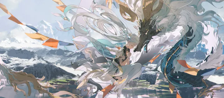 1girl,breasts,cloud,from_side,bangs,closed_eyes,sky,hair_ornament,mountain,mountainous_horizon,very_long_hair,outdoors,horizontal,tassel,floating,day,white_hair,looking_at_another,dress,long_hair,scenery,floating_hair,high_heels,dragon