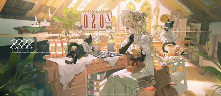 1girl,braid,twin_braids,book,stool,bangs,solo,bonnet,sitting,hair_ornament,indoors,hat,gloves,holding,cup,table,chair,plant,horizontal,cat,white_headwear,white_dress,potted_plant,short_sleeves,green_eyes,english_text,dress,blonde_hair,long_hair,elbow_gloves,black_gloves,black_cat