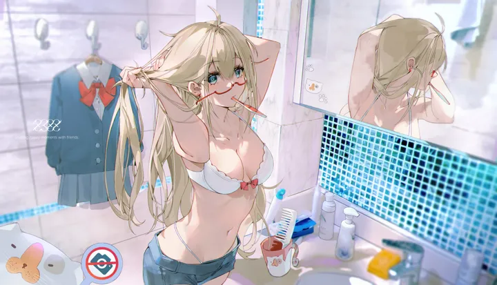 1girl,cowboy_shot,medium_breasts,arms_up,breasts,cleavage,underwear,panties,semi-rimless_eyewear,solo,reflection,ahoge,indoors,hair_tie_in_mouth,stomach,bow_bra,very_long_hair,tying_hair,holding,under-rim_eyewear,cup,school_uniform,horizontal,sink,faucet,no_shirt,bathroom,toothbrush,denim,denim_shorts,tiles,tile_wall,mouth_hold,white_panties,white_bra,looking_at_viewer,glasses,skirt,shorts,standing,short_shorts,red-framed_eyewear,red_bow,red_bowtie,navel,soap_bottle,bra,armpits,blue_eyes,bow,shirt,shirt_removed,bare_arms,large_breasts,blonde_hair,collarbone,mirror,long_hair,bare_shoulders,bowtie,mug,highleg_panties,highleg