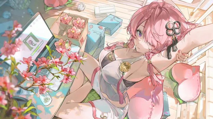 1girl,arm_up,breasts,cleavage,stretching,from_above,bangs,solo,arm_behind_head,closed_mouth,sitting,hair_ornament,hair_over_one_eye,indoors,sleeveless,sleeveless_shirt,plant,blurry,horizontal,white_shirt,looking_at_viewer,shorts,laptop,pink_hair,pink_flower,purple_eyes,armpits,shirt,computer,large_breasts,long_hair,flower