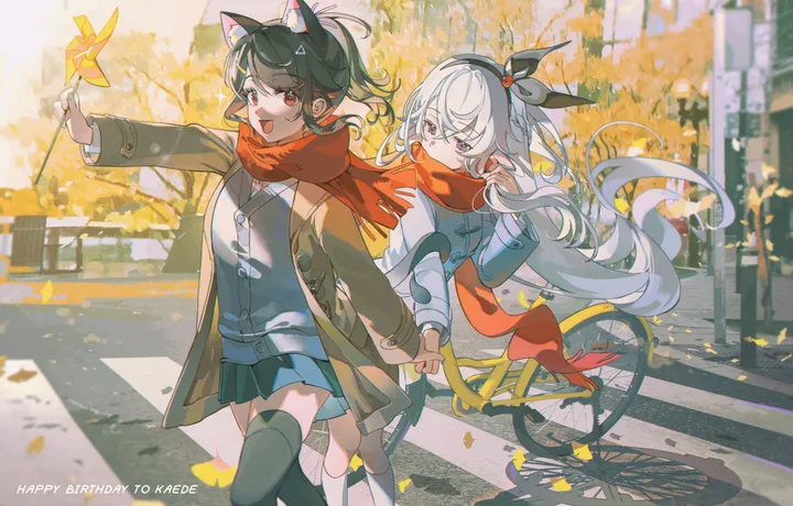 2girls,shared_clothes,shared_scarf,animal_ears,bangs,hairband,leaf,scarf,ground_vehicle,coat,multiple_girls,jacket,hair_between_eyes,open_mouth,very_long_hair,outdoors,holding_leaf,holding,tree,school_uniform,brown_jacket,horizontal,watermark,holding_hands,cat_girl,cat_ears,day,white_hair,white_shirt,pleated_skirt,looking_at_viewer,skirt,autumn_leaves,smile,purple_eyes,red_scarf,red_eyes,animal_ear_fluff,bicycle,falling_leaves,street,shirt,socks,open_clothes,road,thighhighs,long_hair,long_sleeves,black_hairband,black_hair,black_thighhighs