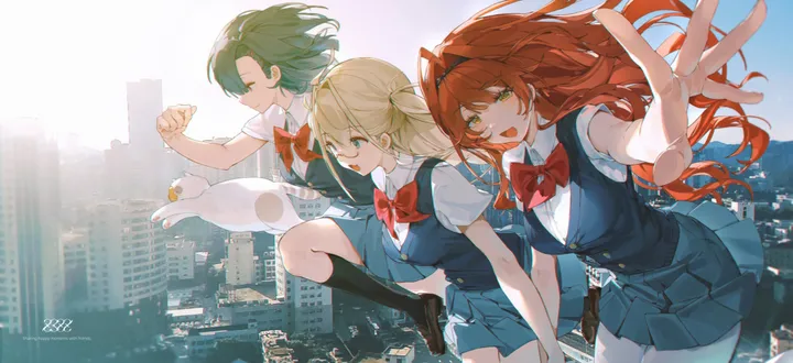 3girls,loafers,breasts,outstretched_arm,bangs,kneehighs,hairband,city,cityscape,multiple_girls,building,open_mouth,outdoors,collared_shirt,school_uniform,horizontal,teeth,cat,white_shirt,pleated_skirt,looking_at_viewer,short_hair,short_sleeves,skirt,smile,red_hair,red_bow,red_bowtie,buttons,green_hair,green_eyes,vest,blue_eyes,blue_skirt,blue_vest,bow,shirt,socks,hair_intakes,blonde_hair,long_hair,shoes,bowtie,yellow_eyes