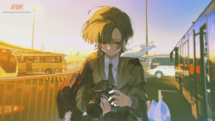 1girl,upper_body,looking_down,bangs,animal,bag,solo,closed_mouth,ground_vehicle,coat,sky,jacket,outdoors,holding_camera,holding,sunset,collared_shirt,motor_vehicle,railing,brown_hair,blurry,horizontal,car,camera,white_shirt,tears,short_hair,animal_on_shoulder,watch,shirt,long_sleeves,necktie,bird,black_necktie