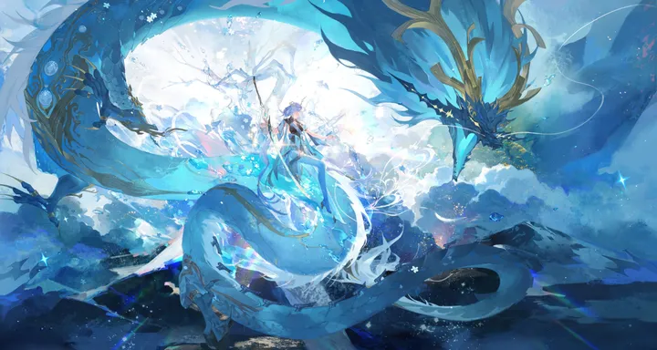 1girl,bangs,solo,sitting,hair_ornament,very_long_hair,holding_staff,holding,staff,horizontal,water,blue_eyes,long_hair,high_heels,dragon