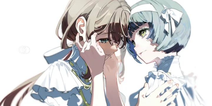 2girls,ribbon,upper_body,low_ponytail,bangs,hands_up,hairband,crying,closed_mouth,multiple_girls,hair_ribbon,heads_together,hand_on_anothers_face,hand_on_anothers_cheek,simple_background,brown_hair,blurry,horizontal,white_ribbon,white_hairband,white_background,white_bow,yuri,looking_at_another,tears,eye_contact,crying_with_eyes_open,short_hair,short_sleeves,green_eyes,frills,frilled_sleeves,blue_hair,bow,hair_bow,dress,long_hair,ponytail,yellow_eyes