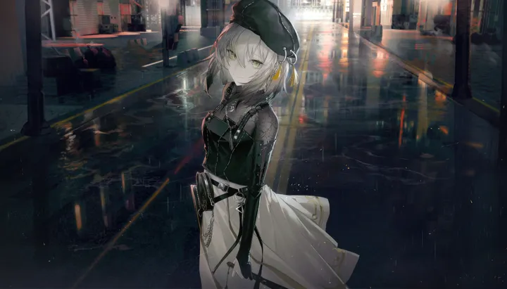 1girl,breasts,bangs,bag,see-through,solo,reflection,closed_mouth,night,hat,hair_between_eyes,outdoors,gloves,horizontal,jewelry,white_hair,white_skirt,looking_at_viewer,short_hair,skirt,standing,green_eyes,shirt,beret,road,long_sleeves,rain,black_headwear,black_gloves,black_shirt