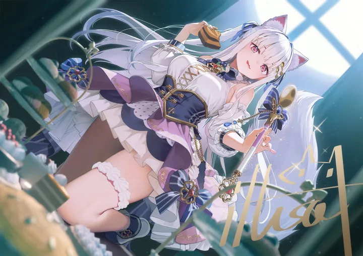 1girl,virtual_youtuber,detached_sleeves,breasts,dutch_angle,animal_ears,bangs,blurry_foreground,solo,tongue_out,hair_ornament,tail,holding,depth_of_field,corset,blurry,horizontal,fox_girl,fox_tail,fox_ears,white_hair,looking_at_viewer,skirt,smile,red_eyes,animal_ear_fluff,tongue,cake,kneeling,dress,long_hair,food