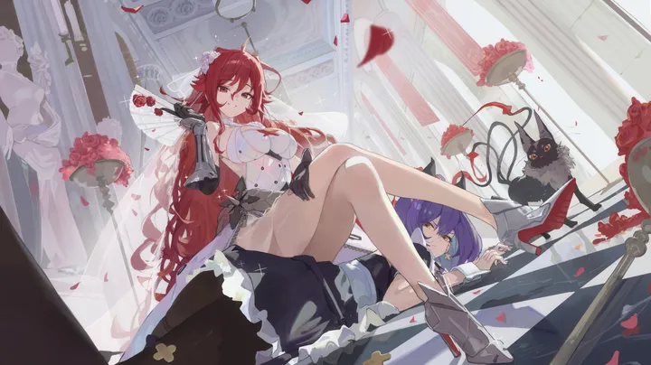 2girls,breasts,cleavage,crossed_legs,sideboob,bangs,sitting,multiple_girls,thighs,hair_ornament,indoors,hair_between_eyes,gloves,holding,horizontal,cat,rose,jewelry,white_dress,looking_at_viewer,short_hair,smile,purple_hair,red_hair,red_rose,red_eyes,red_flower,bouquet,petals,on_stomach,lying,large_breasts,dress,long_hair,elbow_gloves,bare_shoulders,veil,high_heels,flower,yellow_eyes,black_cat