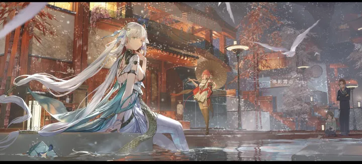 2girls,3girls,snowing,east_asian_architecture,chinese_clothes,breasts,bangs,twintails,sitting,multiple_girls,hair_ornament,architecture,building,very_long_hair,outdoors,holding,tree,horizontal,water,oil-paper_umbrella,soaking_feet,lantern,grey_eyes,letterboxed,white_hair,looking_at_viewer,dress,long_hair,umbrella,snow,bare_shoulders,bird