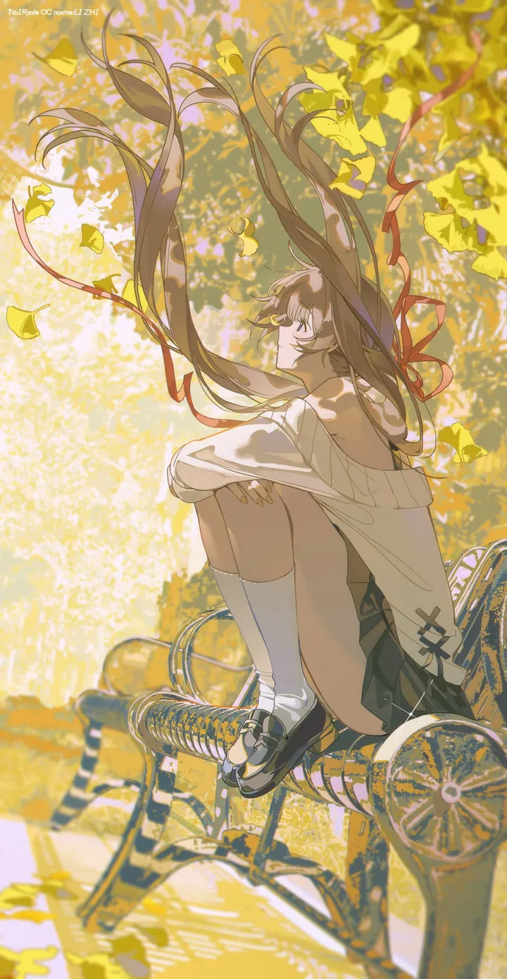 1girl,ribbon,from_side,full_body,bangs,solo,kneehighs,leaf,ground_vehicle,sitting,hair_ribbon,very_long_hair,outdoors,tree,brown_hair,sweater,white_sweater,white_socks,pleated_skirt,skirt,autumn,autumn_leaves,vertical,red_ribbon,bicycle,falling_leaves,socks,sneakers,long_hair,long_sleeves,bare_shoulders,off_shoulder,shoes,wind,floating_hair,black_skirt,black_footwear