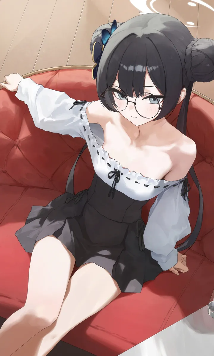 1girl,double_bun,braid,ribbon_trim,breasts,from_above,bangs,solo,feet_out_of_frame,twintails,closed_mouth,hair_bun,on_couch,sitting,halo,hair_ornament,indoors,couch,white_shirt,looking_at_viewer,glasses,skirt,vertical,smile,blush,shirt,small_breasts,collarbone,long_hair,long_sleeves,bare_shoulders,off_shoulder,off-shoulder_shirt,black_hair,black-framed_eyewear,black_skirt