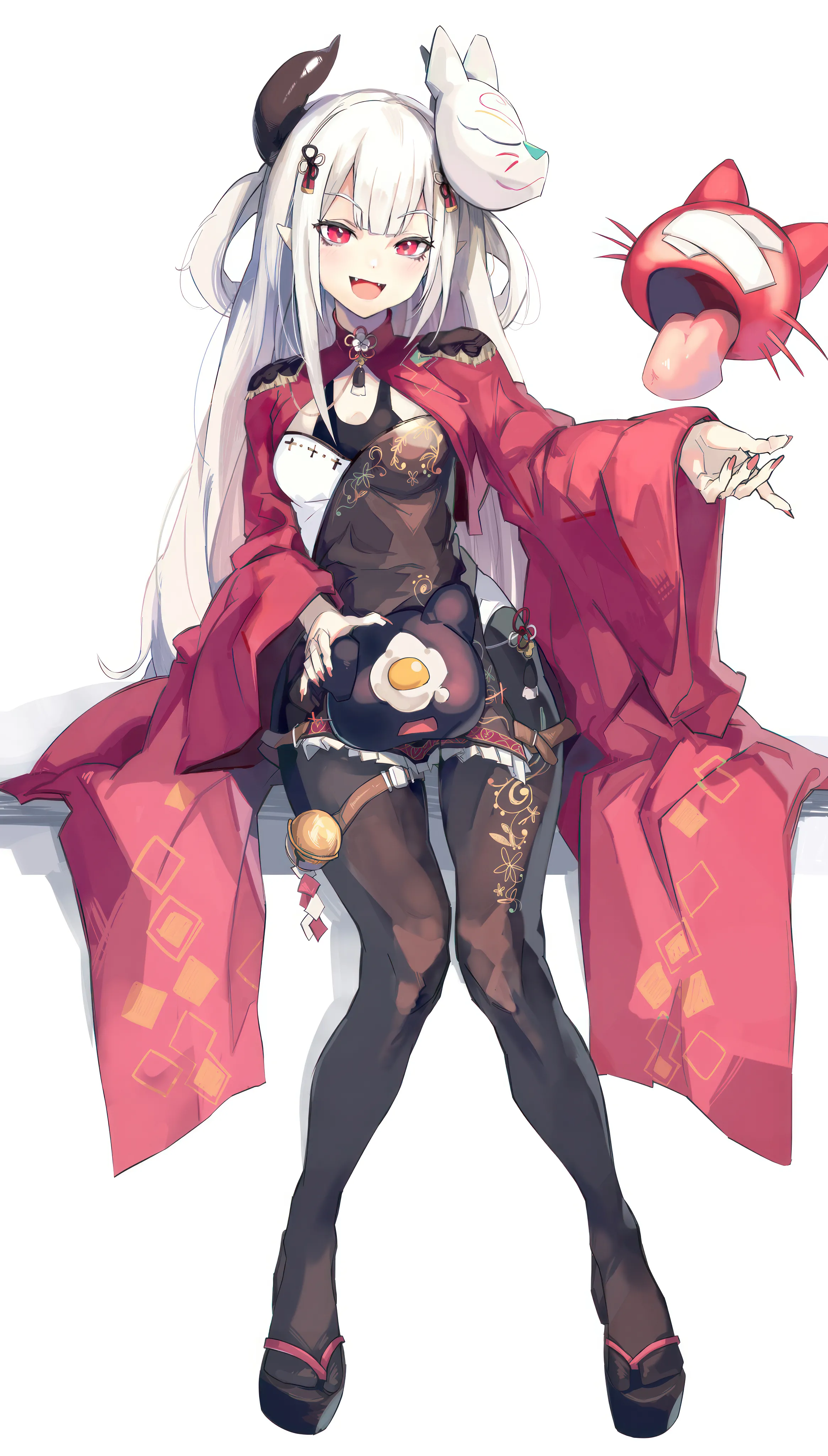 1girl,virtual_youtuber,breasts,bangs,solo,sitting,thigh_strap,hair_ornament,wide_sleeves,two_side_up,open_mouth,mask_on_head,japanese_clothes,simple_background,fried_egg,fox_mask,white_hair,white_background,looking_at_viewer,vertical,smile,red_nails,red_eyes,egg,horns,dress,pantyhose,long_hair,long_sleeves,mask,food,oni_horns,black_pantyhose