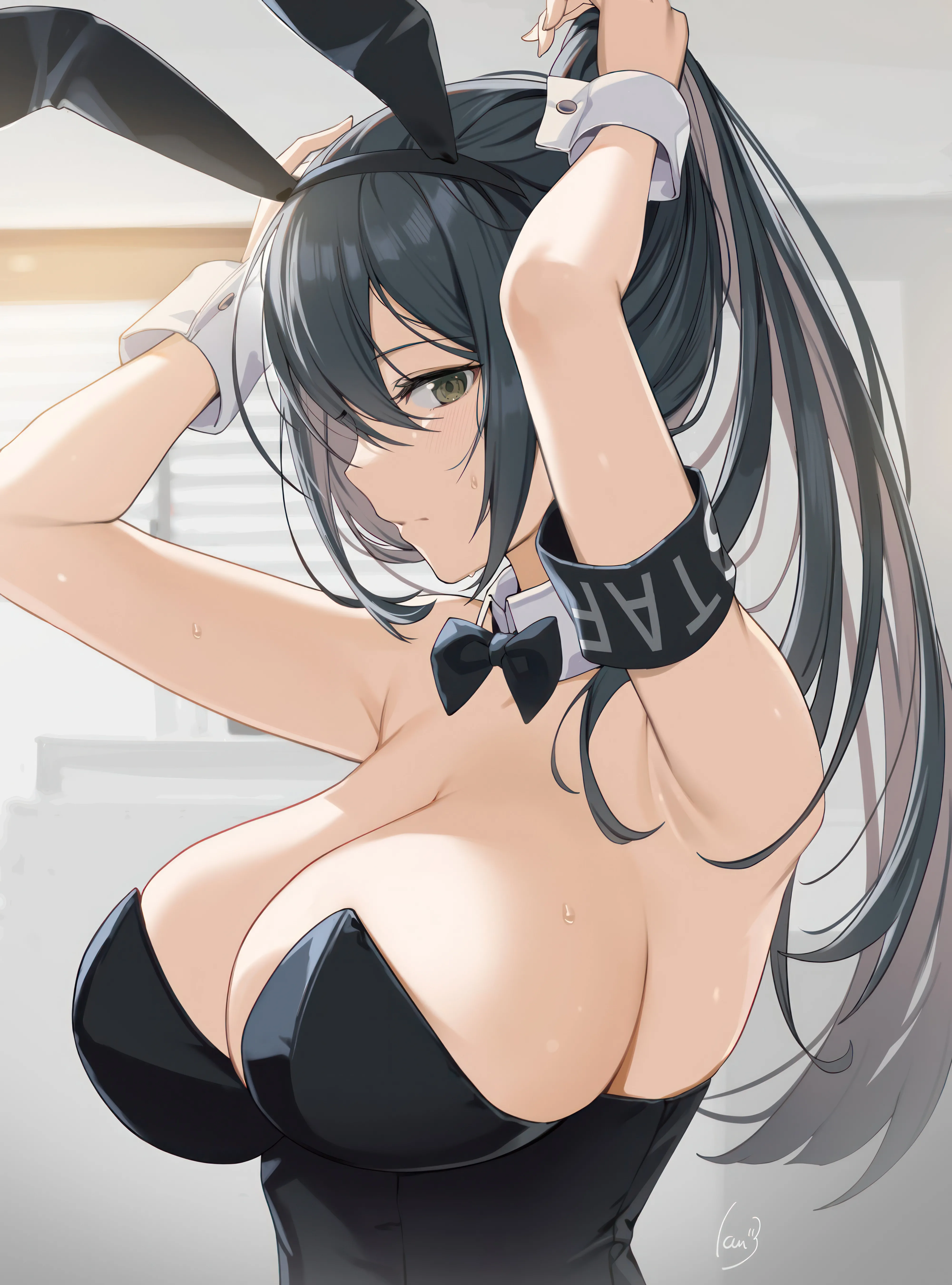 1girl,arms_up,breasts,cleavage,upper_body,playboy_bunny,rabbit_ears,animal_ears,bangs,fake_animal_ears,solo,hairband,closed_mouth,indoors,hair_between_eyes,tying_hair,strapless,strapless_leotard,brown_eyes,sweat,looking_at_viewer,vertical,wrist_cuffs,leotard,armpits,bow,armband,large_breasts,long_hair,bare_shoulders,bowtie,detached_collar,ponytail,black_hair,black_bow,black_leotard,black_bowtie