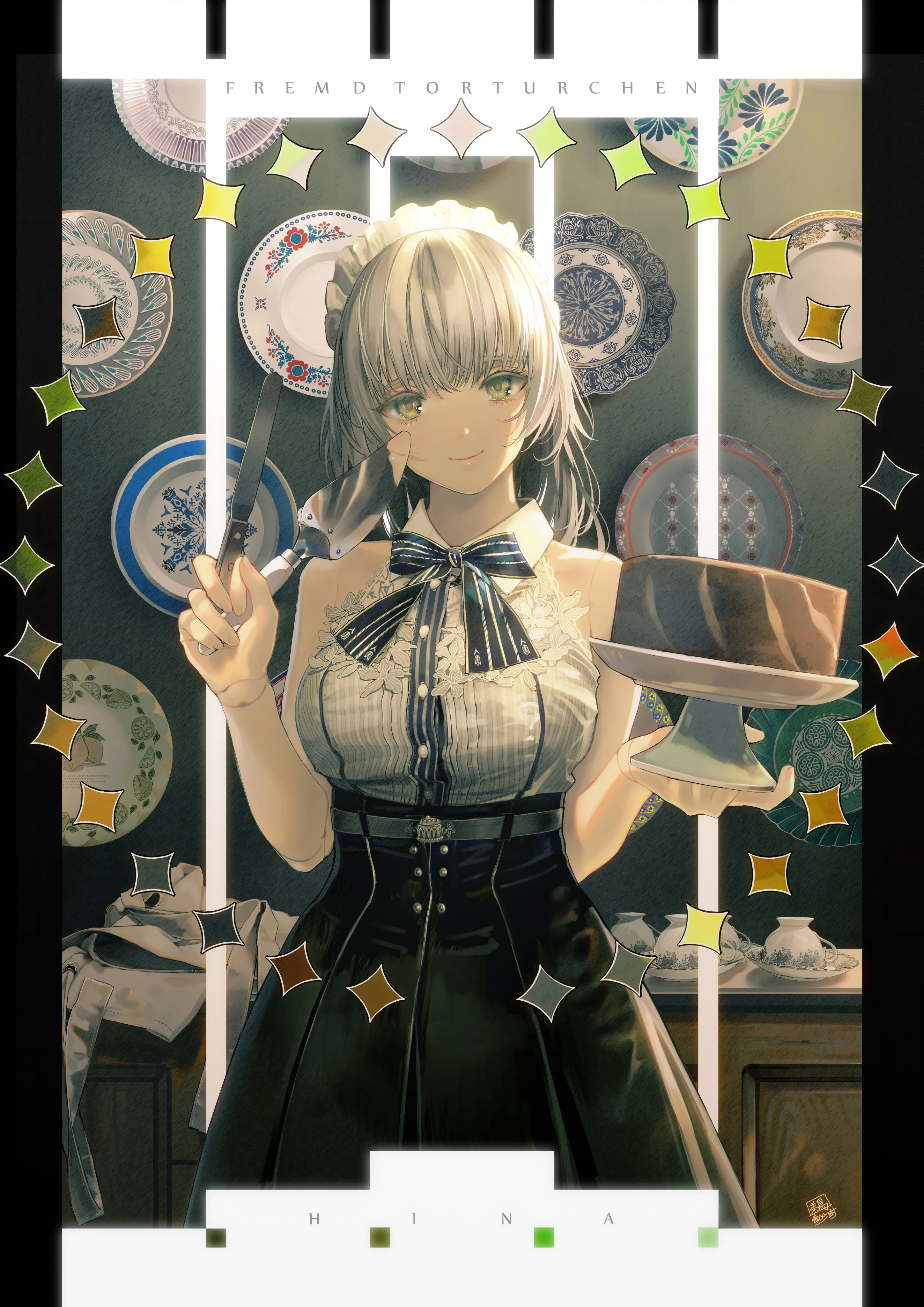 1girl,breasts,bangs,solo,closed_mouth,maid_headdress,holding,sleeveless,sleeveless_shirt,clock,star_symbol,grey_hair,white_shirt,plate,looking_at_viewer,skirt,vertical,smile,bow,shirt,large_breasts,bare_shoulders,fork,high-waist_skirt,yellow_eyes,black_skirt