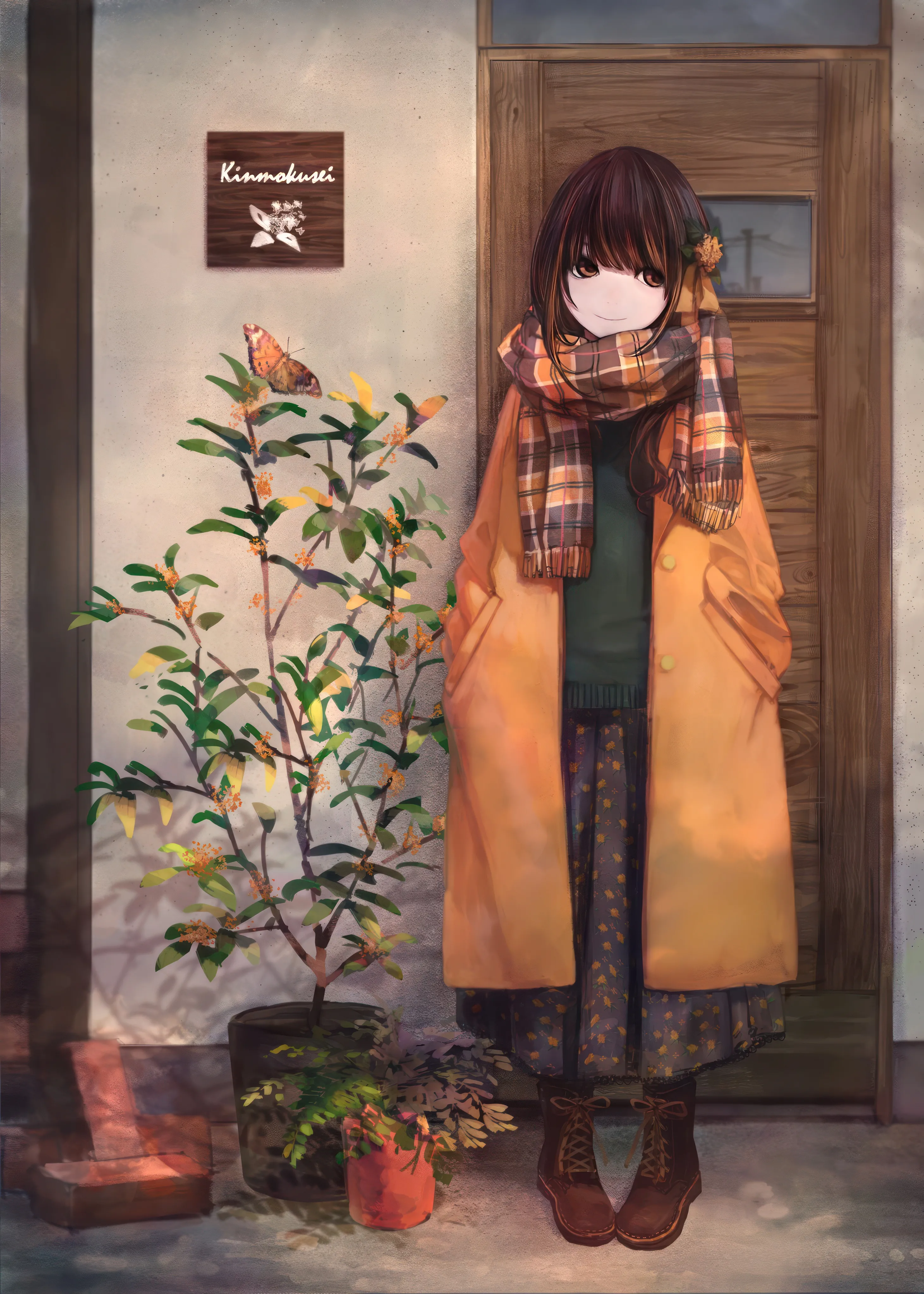 1girl,full_body,bangs,solo,hands_in_pockets,closed_mouth,scarf,coat,hair_ornament,outdoors,open_coat,plaid,plaid_scarf,brown_hair,brown_eyes,brown_footwear,plant,sweater,potted_plant,looking_at_viewer,short_hair,skirt,vertical,standing,smile,lace-up_boots,floral_print,bug,butterfly,open_clothes,long_skirt,boots,door,cross-laced_footwear,flower