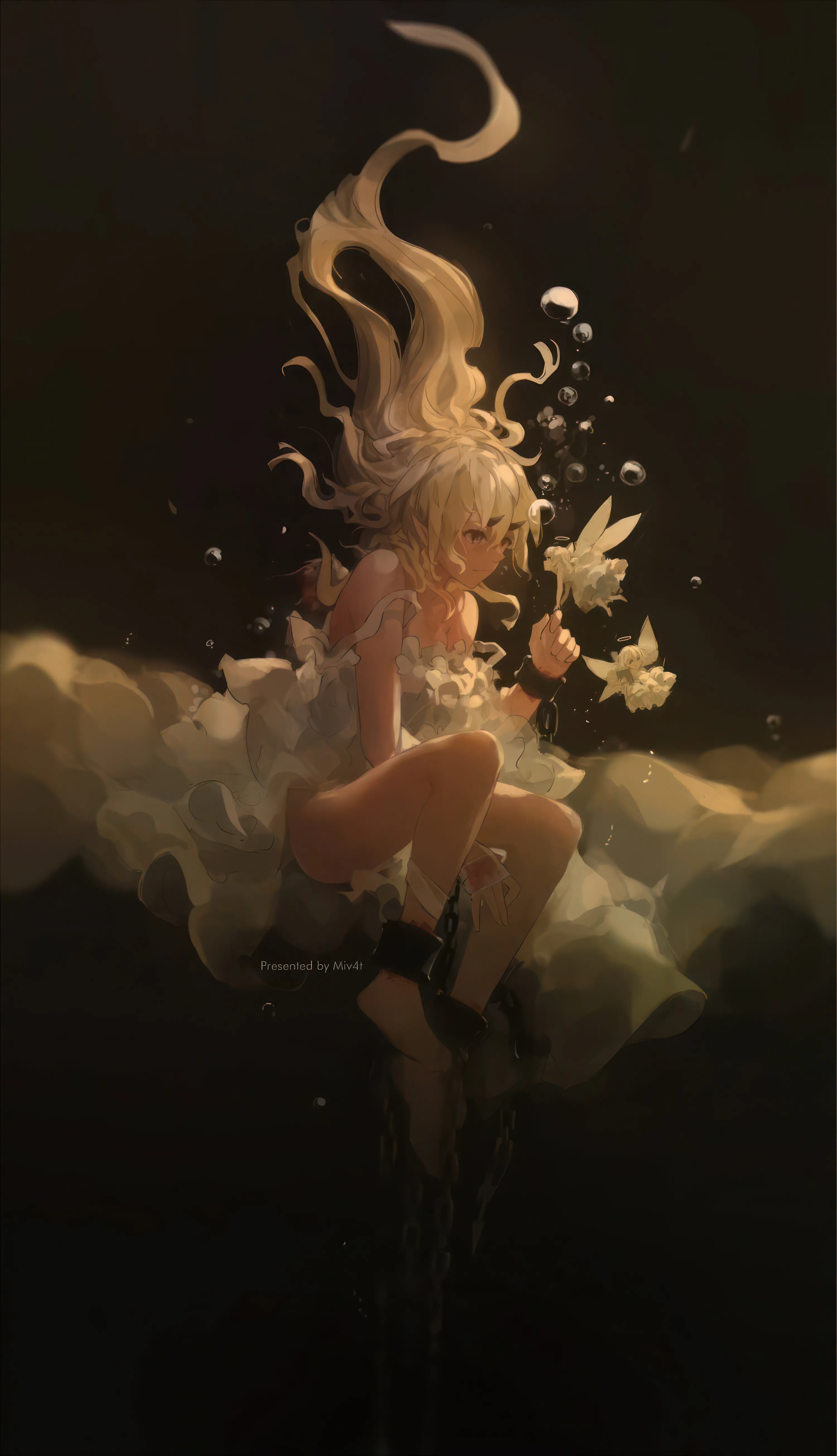 1girl,between_legs,artist_name,full_body,solo,hand_between_legs,sleeveless_dress,air_bubble,underwater,bubble,rose,white_rose,white_flower,white_dress,vertical,strap_slip,barefoot,dress,blonde_hair,cuffs,chain,shackles,long_hair,bare_shoulders,floating_hair,flower