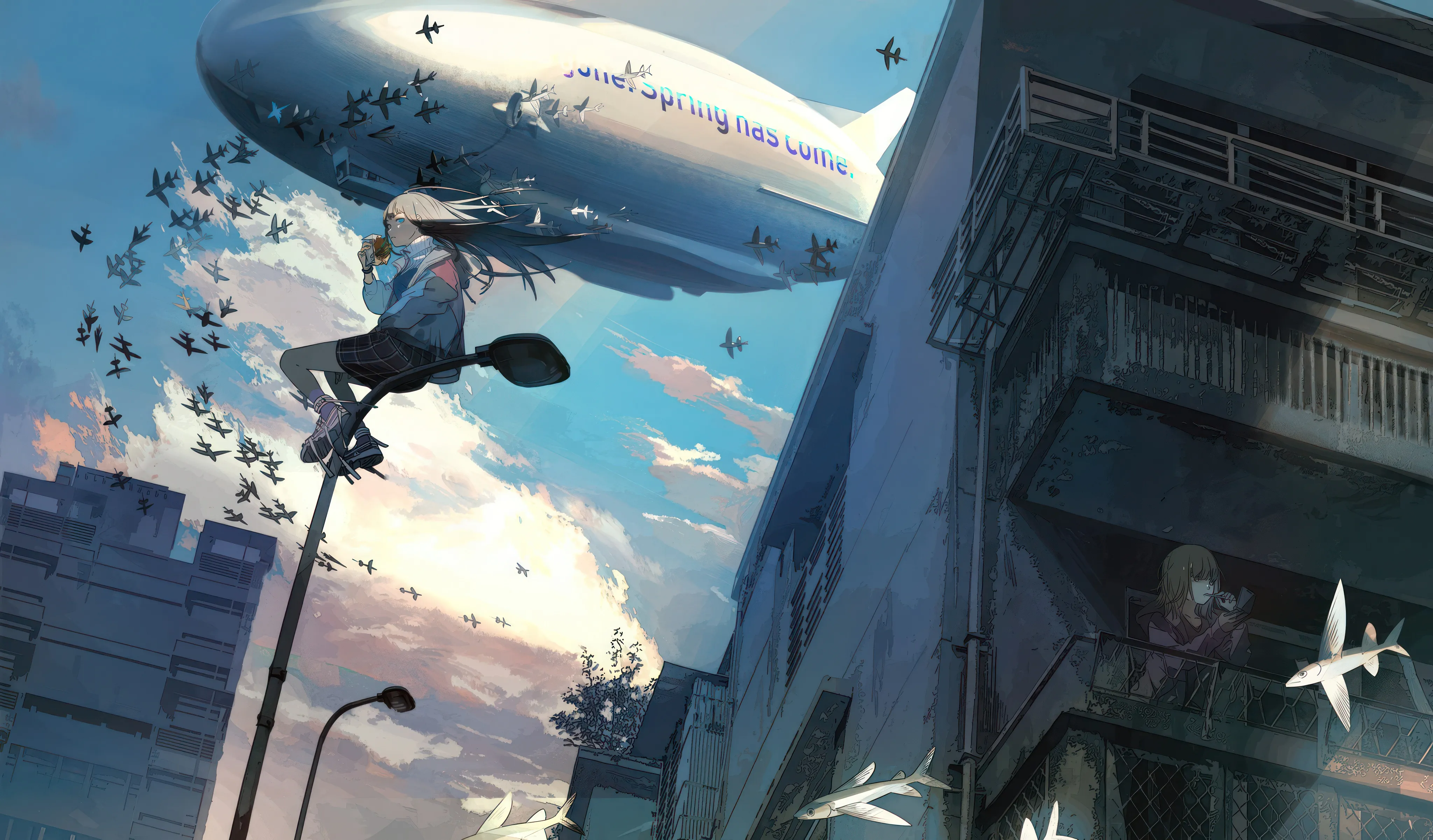 2girls,cloud,bag,city,multiple_girls,sky,jacket,building,outdoors,holding,brown_hair,horizontal,day,skirt,paper_airplane,blue_sky,pantyhose,blonde_hair,long_hair,long_sleeves,shoes,scenery,flying,aircraft,bird