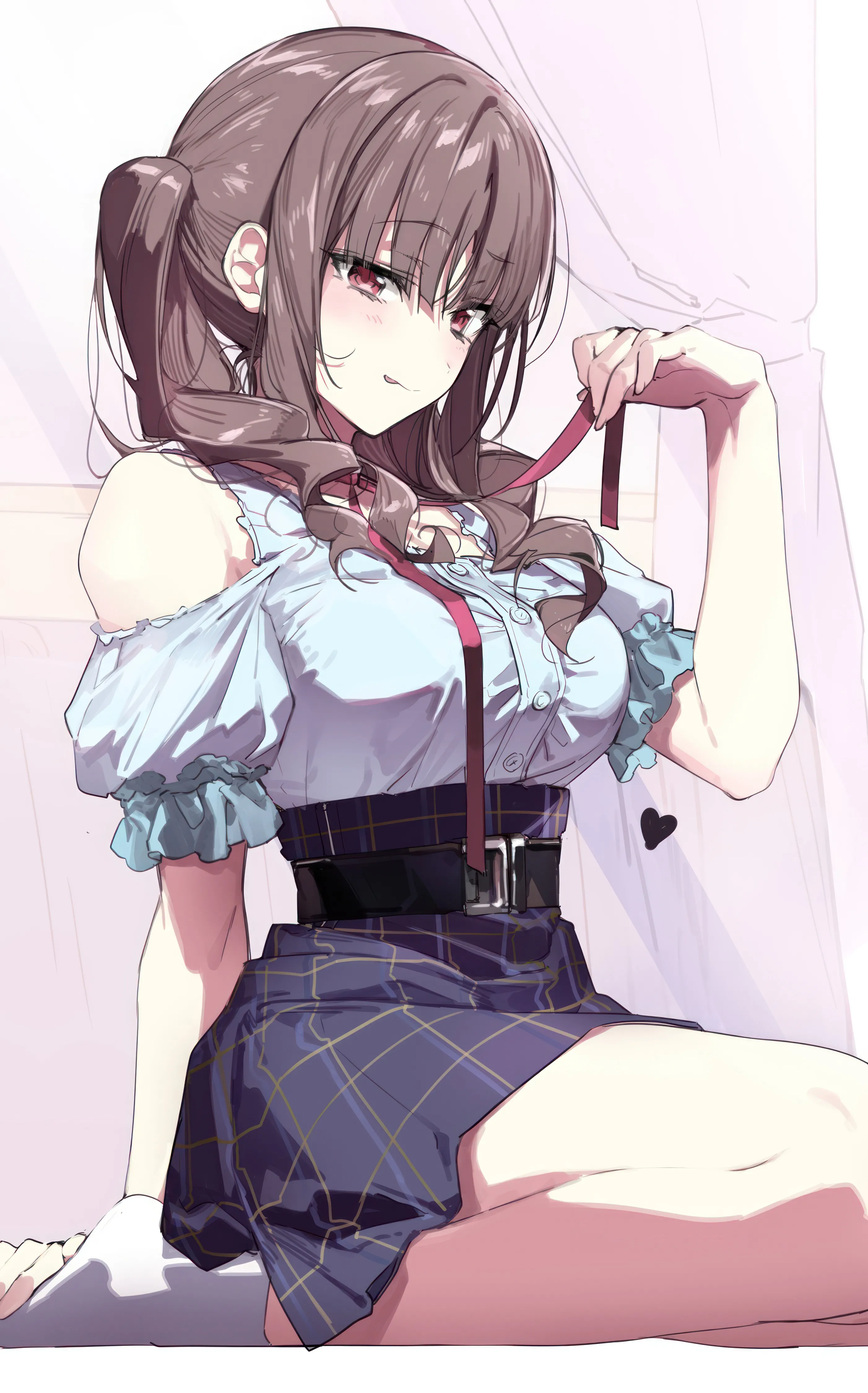 1girl,breasts,bangs,solo,twintails,tongue_out,sitting,thighs,heart,holding,plaid,plaid_skirt,brown_hair,leash,white_background,belt,looking_at_viewer,short_sleeves,skirt,curtains,vertical,smile,red_eyes,blush,tongue,blue_skirt,blue_shirt,shirt,socks,clothing_cutout,large_breasts,long_hair,bare_shoulders,shoulder_cutout,collar,high-waist_skirt