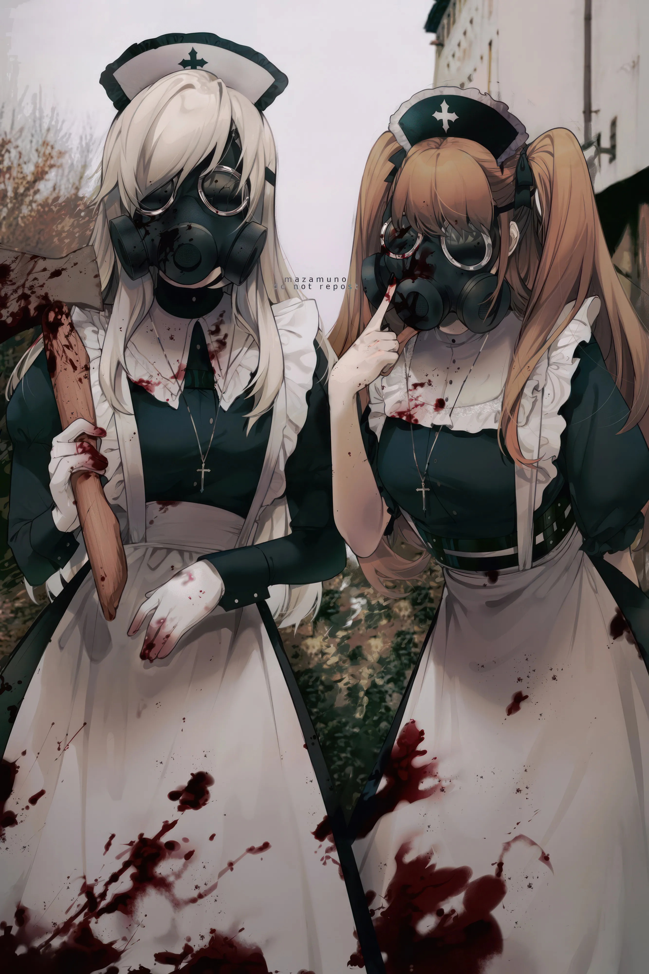 2girls,medium_breasts,breasts,middle_finger,bangs,cross_necklace,cross,twintails,apron,multiple_girls,maid,maid_apron,maid_headdress,hat,outdoors,blood_on_hands,nurse,nurse_cap,latin_cross,holding,holding_axe,axe,brown_hair,blood_on_weapon,jewelry,white_apron,white_hair,vertical,frills,frilled_apron,puffy_sleeves,blood,blood_stain,blood_on_clothes,dress,long_hair,long_sleeves,gas_mask,mask,necklace,black_dress