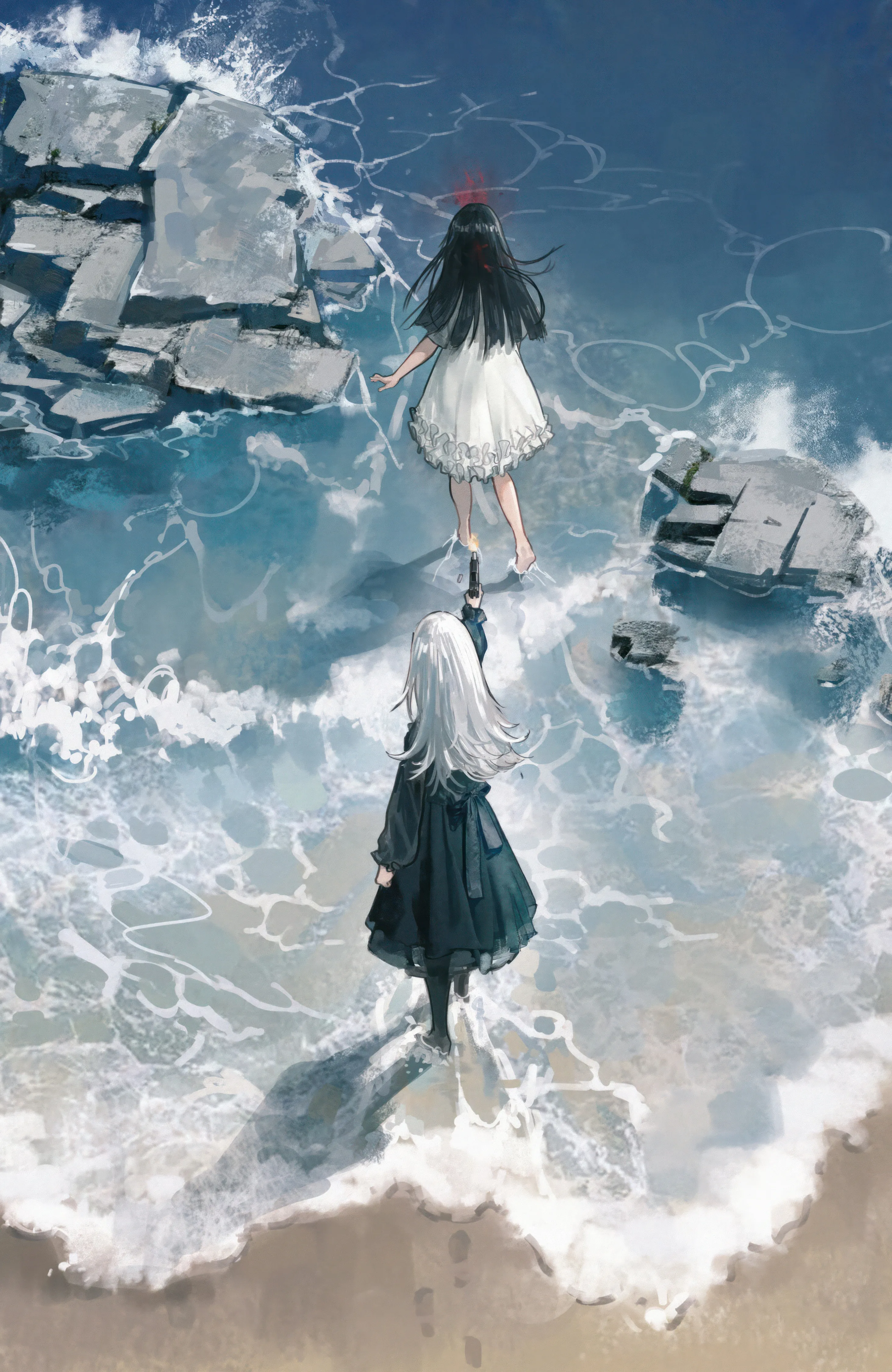 2girls,glowing,multiple_girls,rock,outdoors,water,waves,ocean,beach,wading,white_hair,white_dress,vertical,standing,from_behind,footprints,barefoot,dress,long_hair,long_sleeves,facing_away,black_hair,black_dress