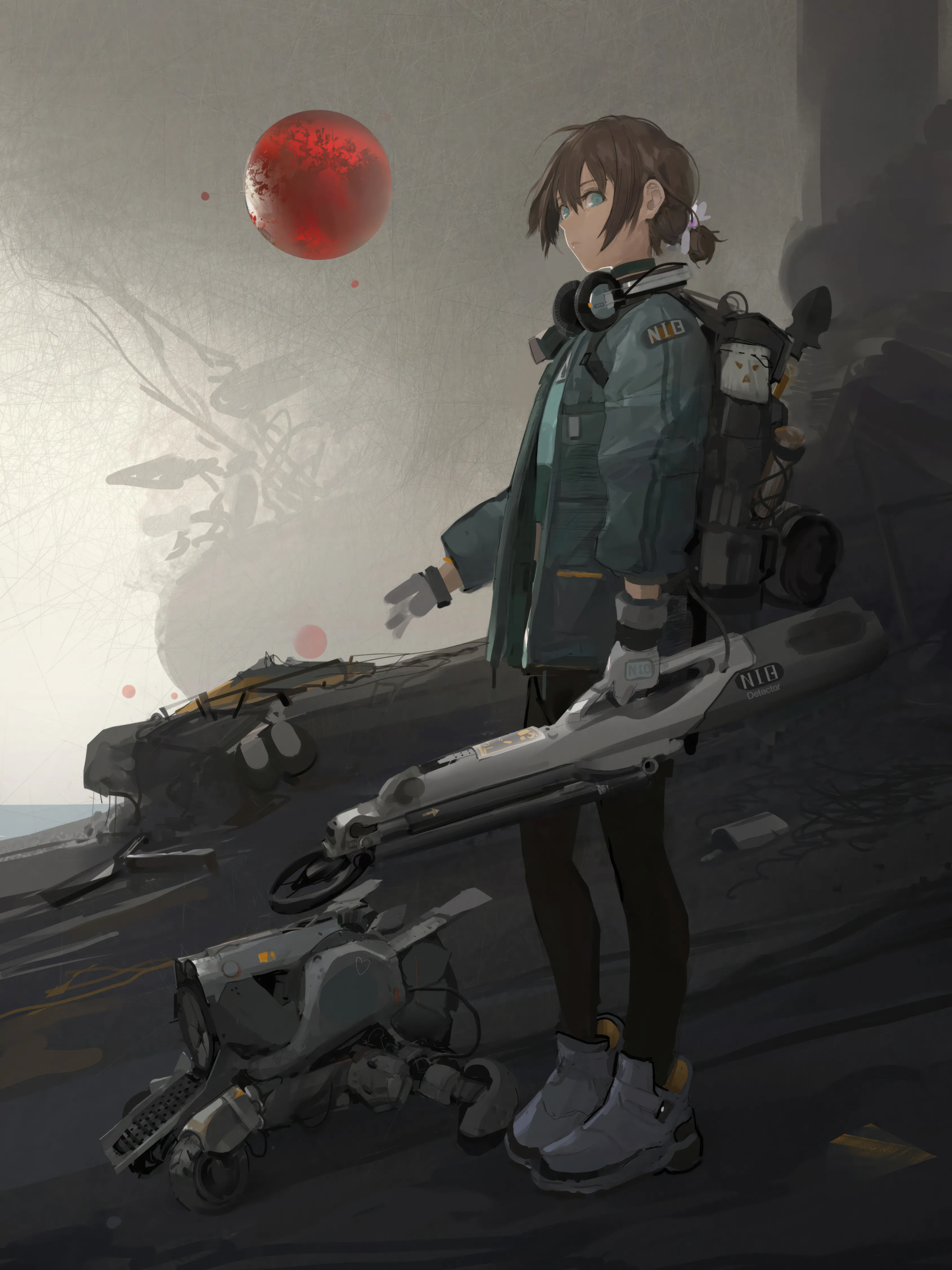 1girl,from_side,bag,solo,backpack,closed_mouth,headphones,jacket,gloves,holding,moon,brown_hair,grey_gloves,white_footwear,looking_at_viewer,short_hair,vertical,standing,red_moon,headphones_around_neck,blue_jacket,blue_eyes,open_clothes,sneakers,pantyhose,long_sleeves,shoes,ponytail,black_gloves,black_pantyhose