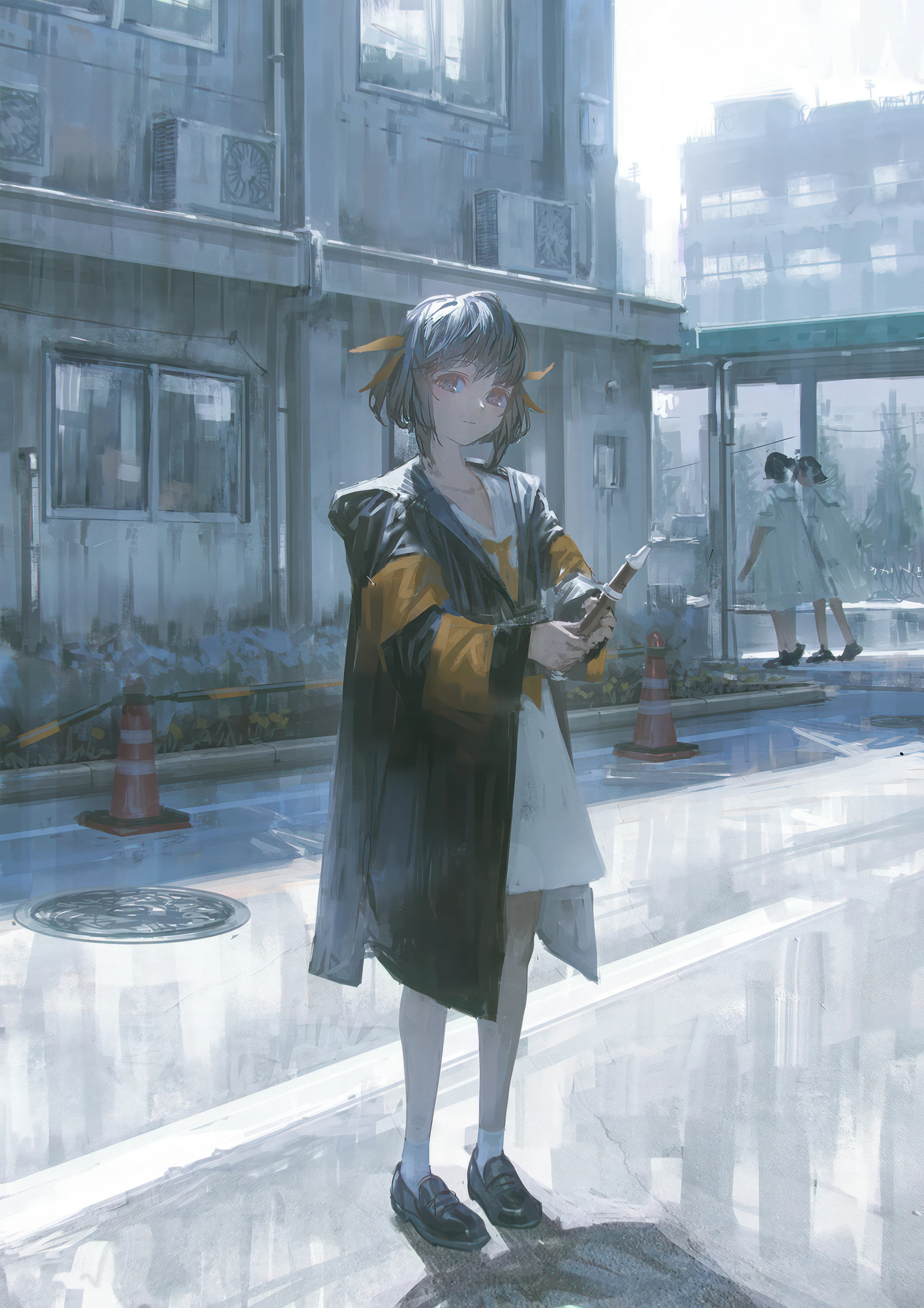 3girls,ribbon,loafers,hood,full_body,bangs,solo_focus,closed_mouth,city,coat,multiple_girls,hair_ribbon,jacket,building,outdoors,phone,holding_phone,holding,puddle,sailor_collar,white_sailor_collar,white_socks,white_dress,looking_at_viewer,short_hair,vertical,standing,blue_eyes,street,socks,road,traffic_cone,dress,long_sleeves,rain,shoes,black_coat,black_hair,black_footwear