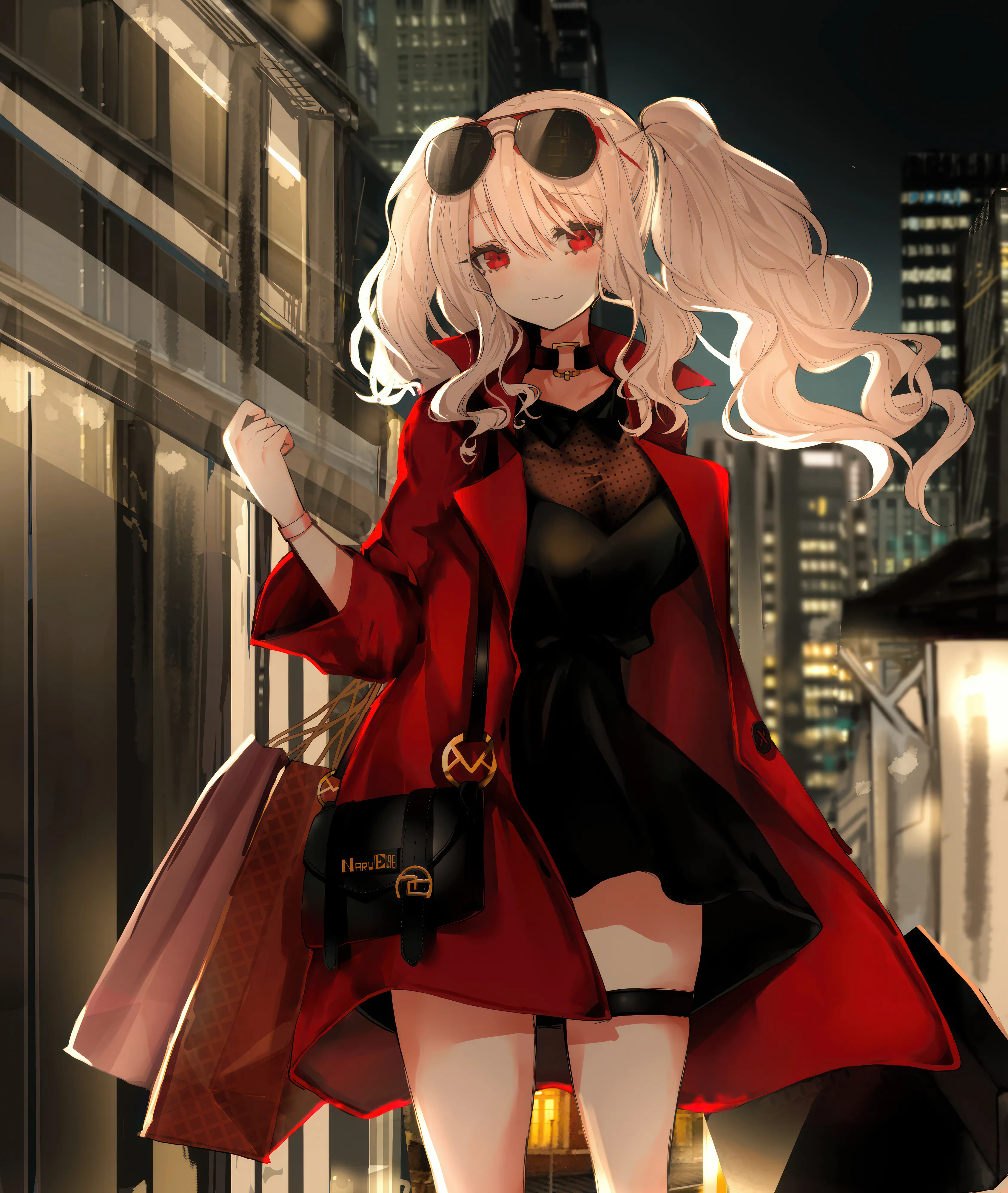 1girl,breasts,bangs,bag,solo,twintails,closed_mouth,city,cityscape,sunglasses,coat,night,thigh_strap,hair_between_eyes,building,outdoors,handbag,bracelet,wristwatch,skyscraper,open_coat,jewelry,white_hair,looking_at_viewer,eyewear_on_head,vertical,standing,smile,red_coat,red_jacket,red_eyes,blush,open_clothes,dress,blonde_hair,long_hair,long_sleeves,choker,black_dress,black_choker