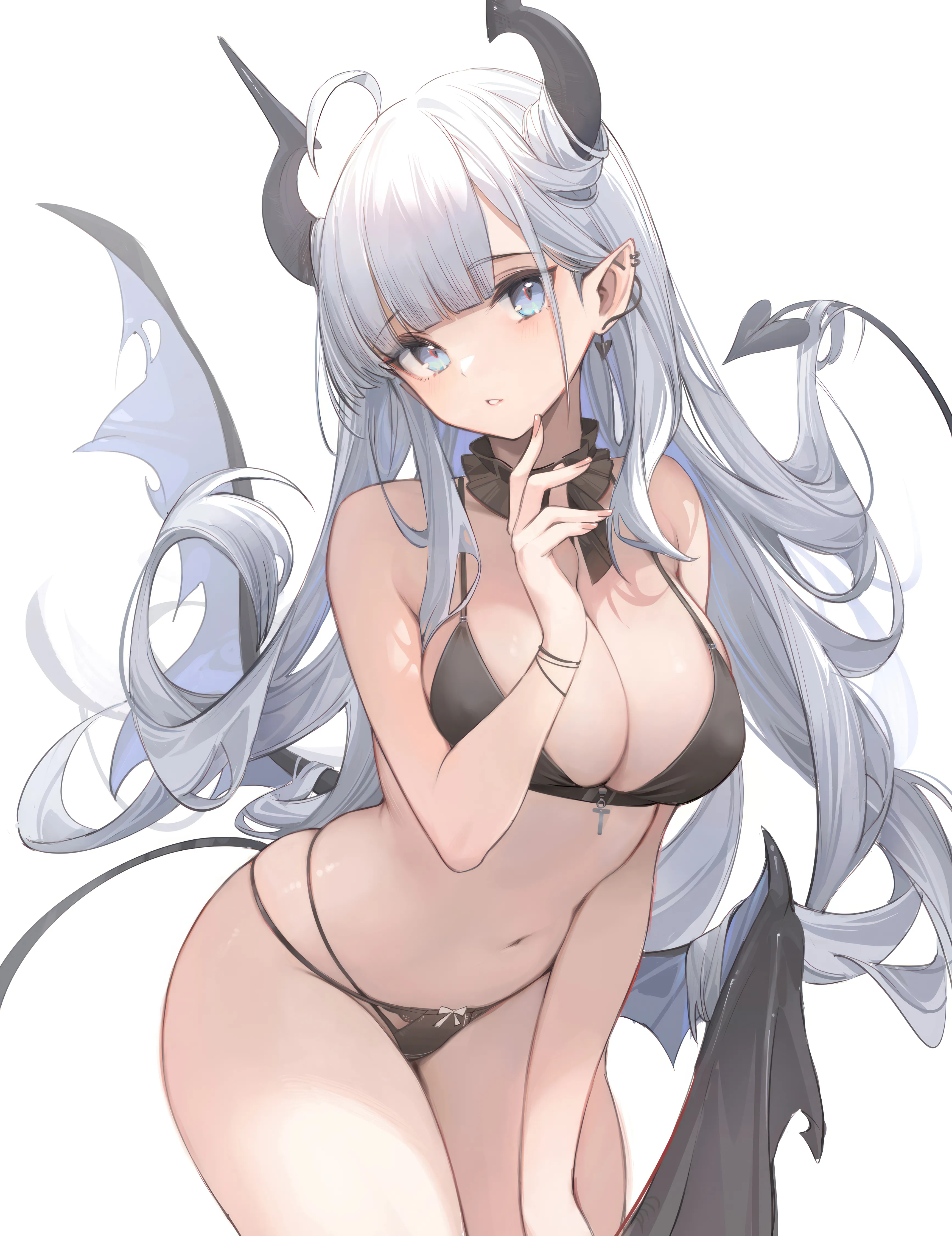 1girl,cowboy_shot,breasts,cleavage,bangs,cross,solo,ahoge,thighs,hair_on_horn,pointy_ears,stomach,tail,very_long_hair,parted_lips,demon_girl,demon_tail,demon_wings,demon_horns,hand_up,simple_background,bikini,swimsuit,jewelry,white_hair,white_background,looking_at_viewer,piercing,ear_piercing,vertical,multi-strapped_bikini,string_bikini,halterneck,wings,earrings,navel,low_wings,blue_eyes,bare_arms,horns,leaning_forward,large_breasts,long_hair,bare_shoulders,detached_collar,black_bikini