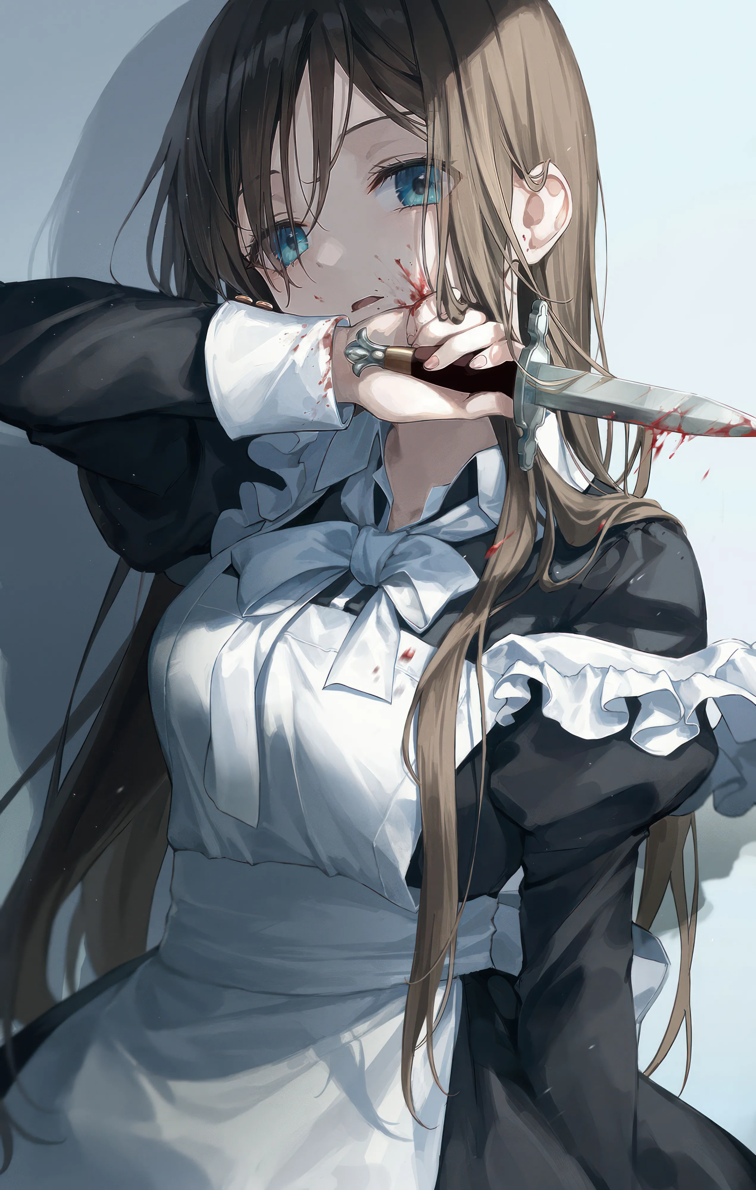 1girl,breasts,upper_body,bangs,solo,apron,maid,maid_apron,knife,open_mouth,holding_weapon,holding_knife,holding,juliet_sleeves,simple_background,brown_hair,weapon,jewelry,white_apron,white_bow,white_bowtie,looking_at_viewer,vertical,earrings,blood_on_face,frills,frilled_apron,blue_eyes,puffy_sleeves,bow,blood,blood_on_clothes,dress,long_hair,long_sleeves,bowtie,black_dress