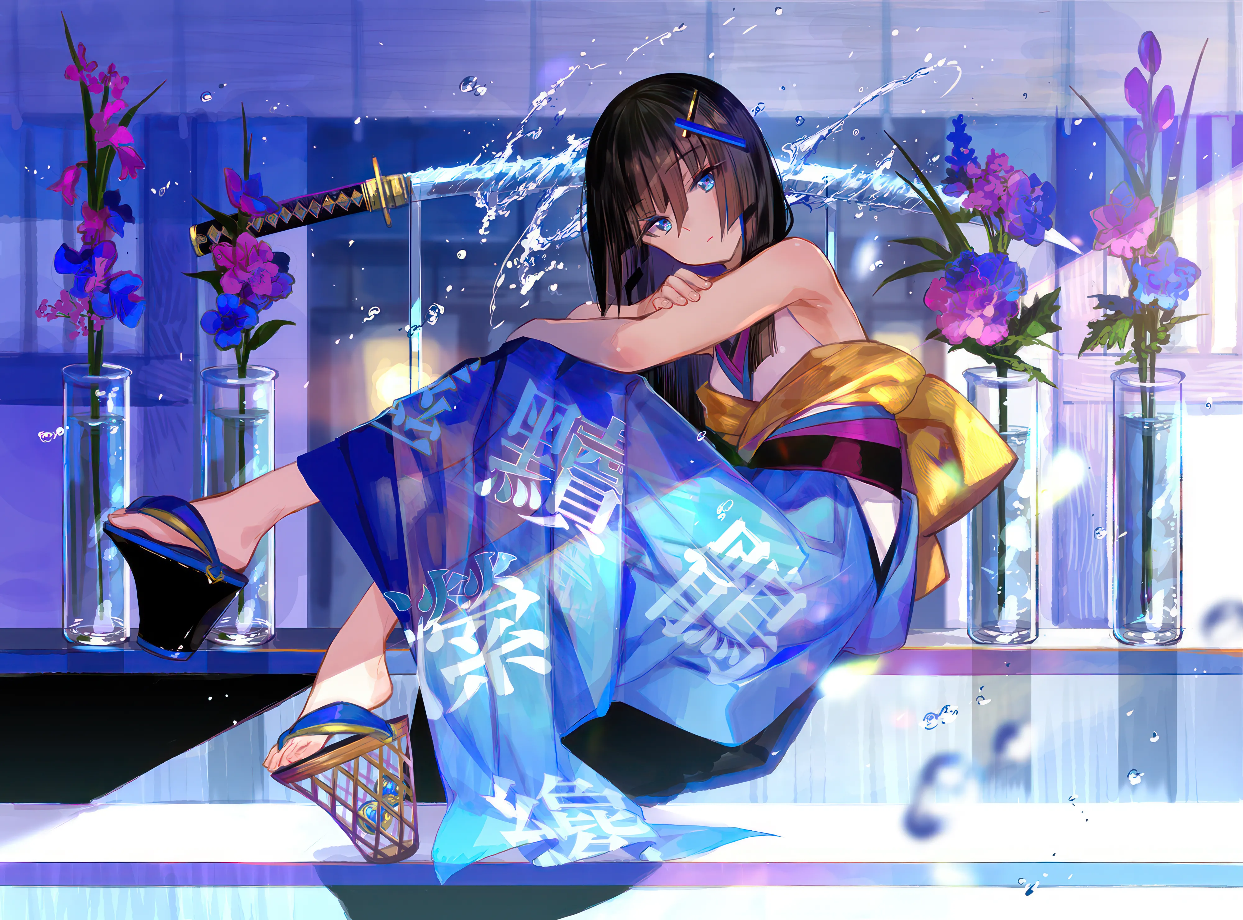 1girl,full_body,sandals,bangs,sword,sheath,solo,hairclip,kimono,obi,closed_mouth,sitting,hair_ornament,platform_footwear,hair_between_eyes,sleeveless,japanese_clothes,sash,katana,horizontal,weapon,water,water_drop,looking_at_viewer,skirt,pink_flower,vase,blue_eyes,blue_skirt,blue_flower,hakama,hakama_skirt,bare_arms,long_hair,bare_shoulders,flower,black_hair