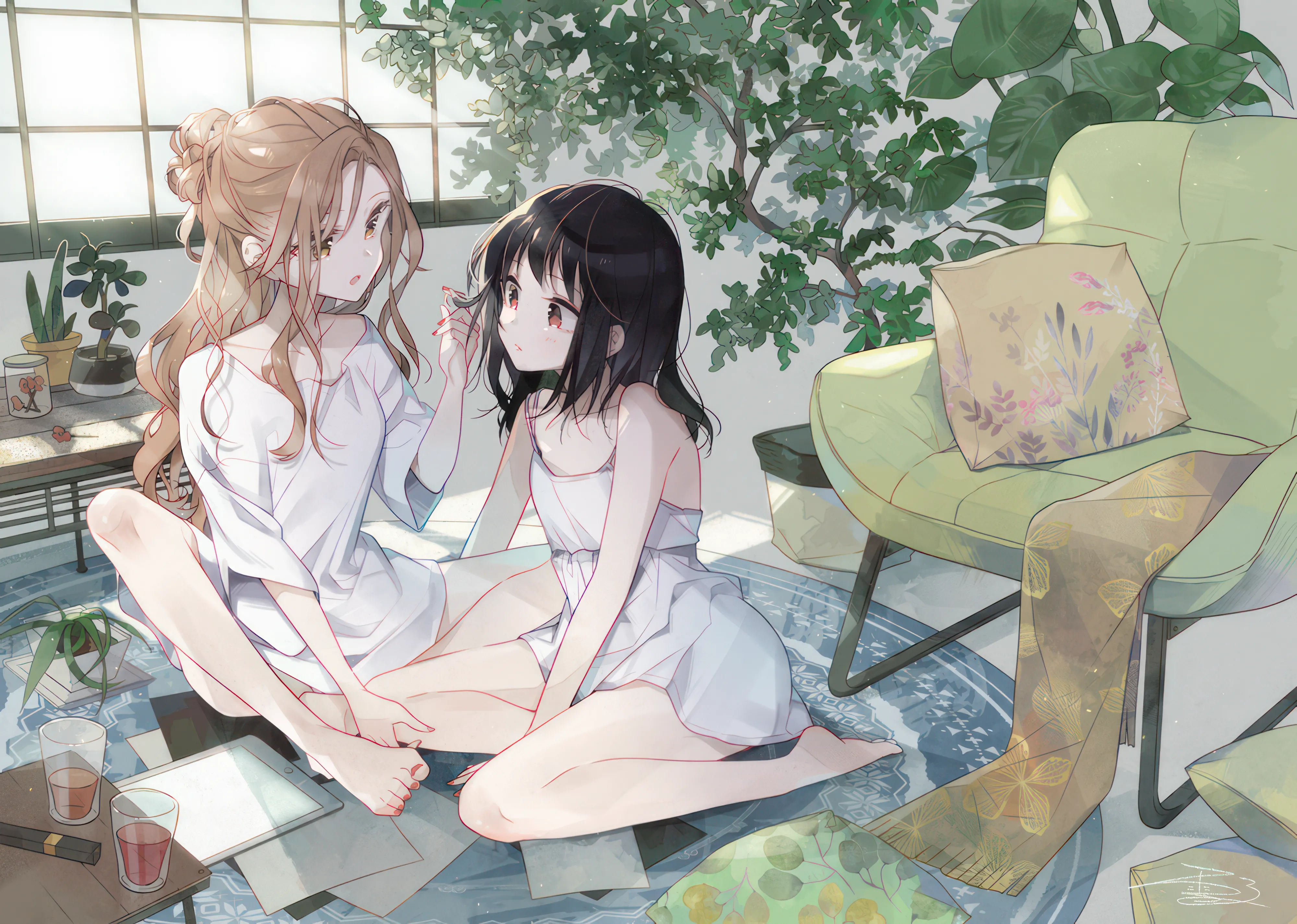 2girls,bangs,single_hair_bun,hair_bun,on_floor,sitting,multiple_girls,indoors,open_mouth,parted_lips,holding,nail_polish,wooden_floor,cup,pillow,table,brown_hair,brown_eyes,plant,horizontal,couch,toenail_polish,white_shirt,white_dress,yuri,potted_plant,looking_at_another,window,signature,red_nails,red_eyes,paper,toenails,blush,shirt,bare_legs,bare_arms,barefoot,dress,drinking_glass,collarbone,long_hair,bare_shoulders,off_shoulder,cushion,wariza,black_hair