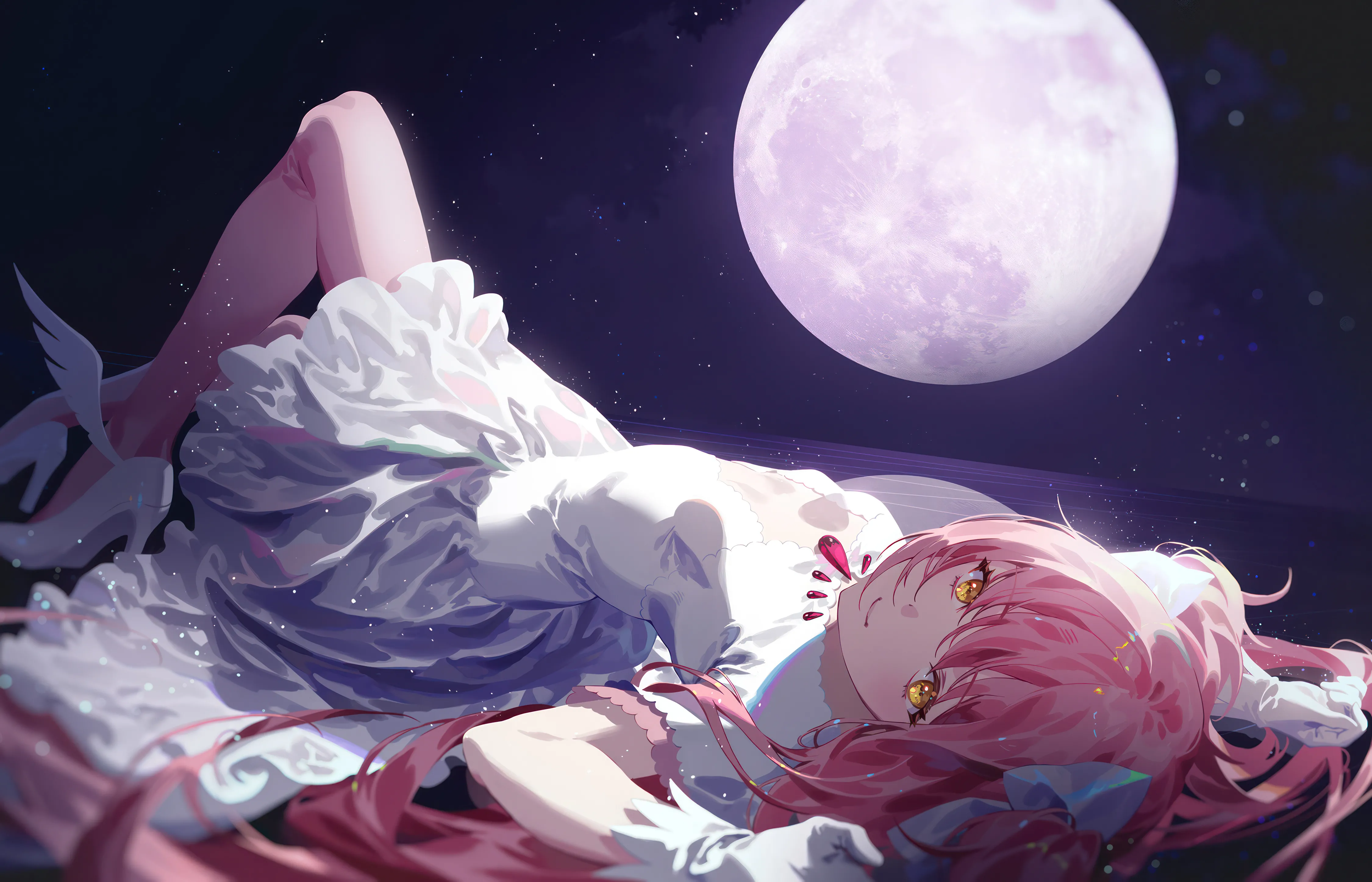 1girl,ribbon,breasts,on_back,solo,closed_mouth,night,night_sky,sky,hair_ribbon,two_side_up,very_long_hair,gloves,knees_up,sleeveless_dress,star_sky,starry_sky,moon,blurry,horizontal,full_moon,white_ribbon,white_gloves,white_bow,white_dress,white_footwear,white_choker,looking_at_viewer,smile,pink_hair,frills,frilled_dress,bow,hair_bow,lying,small_breasts,dress,long_hair,high_heels,yellow_eyes