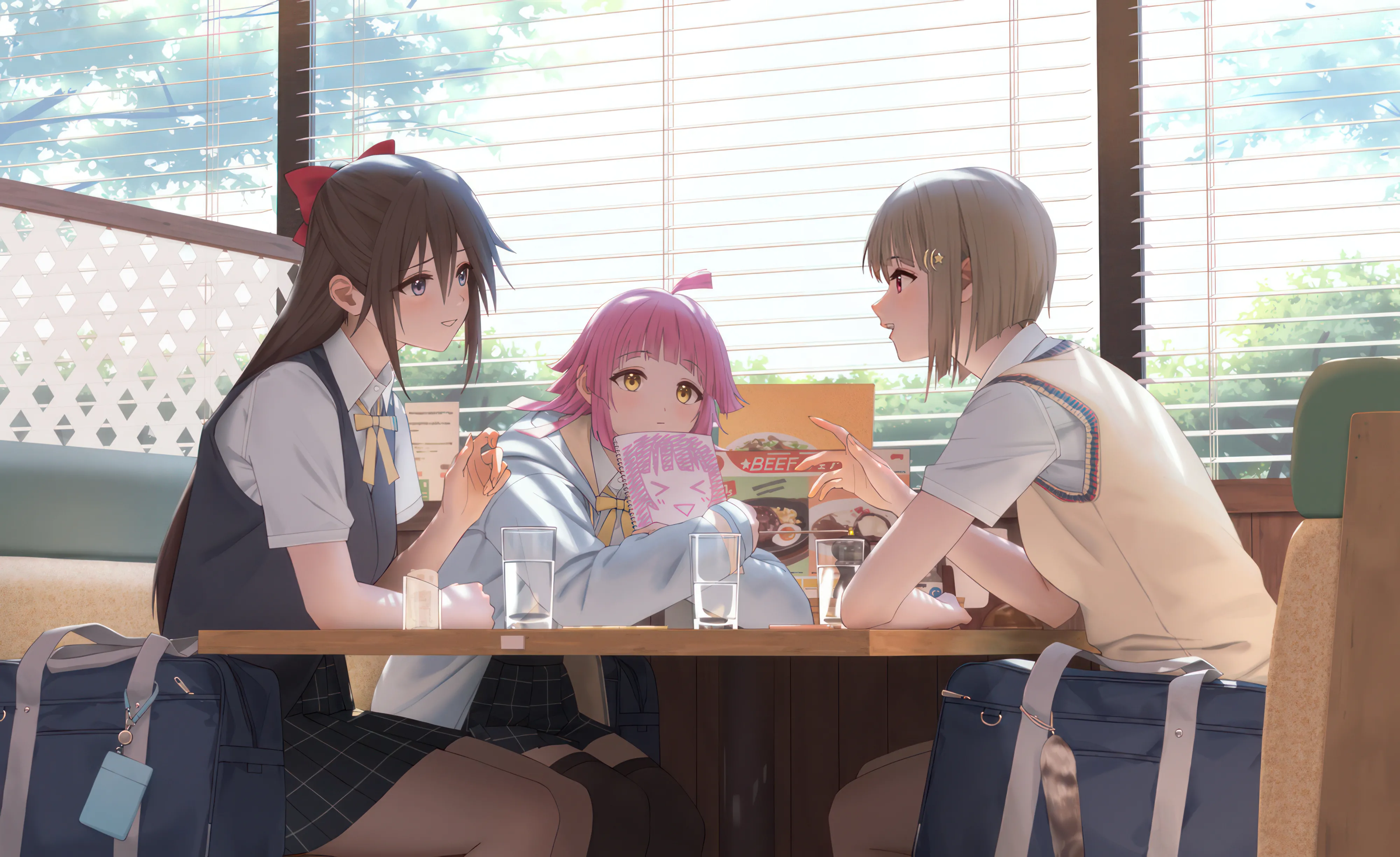 3girls,ribbon,school_bag,hood,half_updo,bangs,bag,hairclip,drinking_straw,ahoge,sitting,summer_uniform,multiple_girls,hair_ornament,sidelocks,jacket,indoors,blunt_ends,hair_between_eyes,open_mouth,elbows_on_table,holding,collared_shirt,cup,school_uniform,plaid,plaid_skirt,table,brown_hair,horizontal,sweater_vest,bob_cut,glass,white_shirt,blunt_bangs,looking_at_another,short_hair,short_sleeves,skirt,window,smile,notebook,pink_hair,sketchbook,red_bow,vest,blush,blue_eyes,blue_vest,bow,hair_bow,shirt,sleeves_past_wrists,thighhighs,long_hair,long_sleeves,neck_ribbon,food,restaurant,drink,ponytail,yellow_ribbon,yellow_eyes,yellow_bow,yellow_bowtie,black_skirt,black_thighhighs