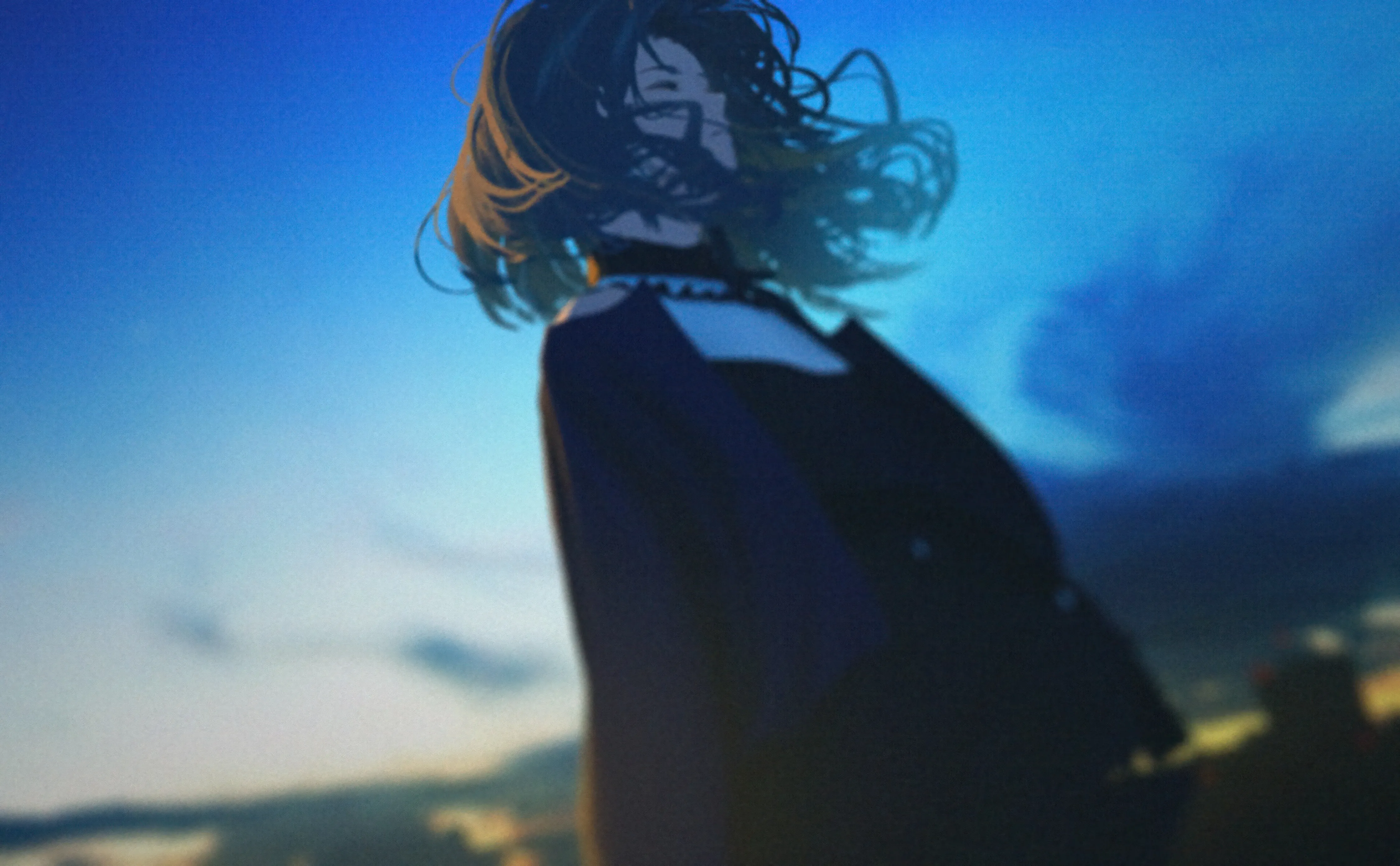 1girl,cloud,upper_body,dutch_angle,solo,closed_eyes,sky,jacket,outdoors,depth_of_field,blurry,blurry_background,horizontal,short_hair,blue_sky,choker,wind,floating_hair,black_hair