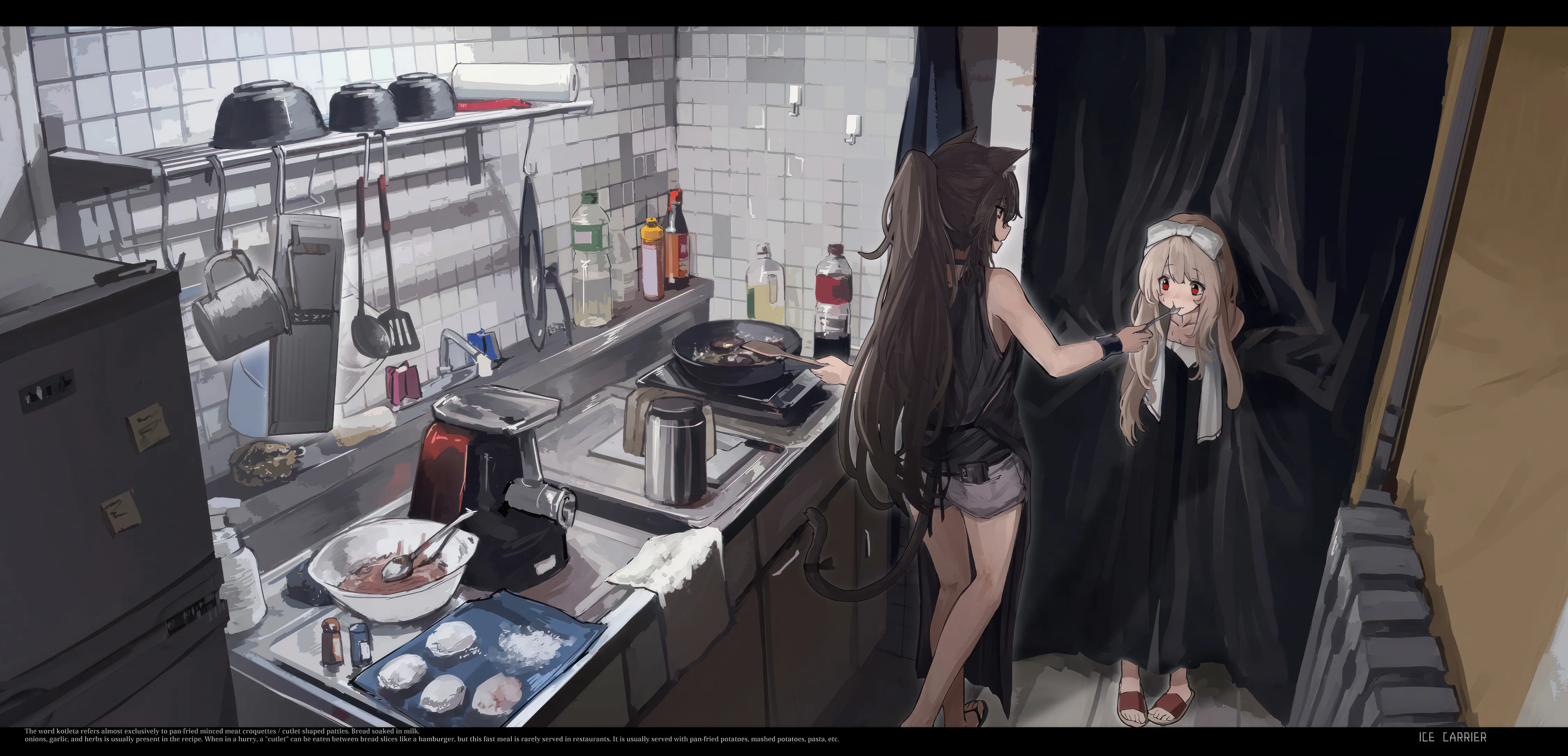 2girls,animal_ears,refrigerator,sandals,kitchen,multiple_girls,indoors,tail,frying_pan,slippers,tank_top,brown_hair,horizontal,towel,sink,faucet,stove,cooking,bottle,tiles,tile_wall,letterboxed,plate,shorts,curtains,standing,short_shorts,red_eyes,shirt,blonde_hair,mirror,long_hair,food,ponytail,black_hair,black_shirt