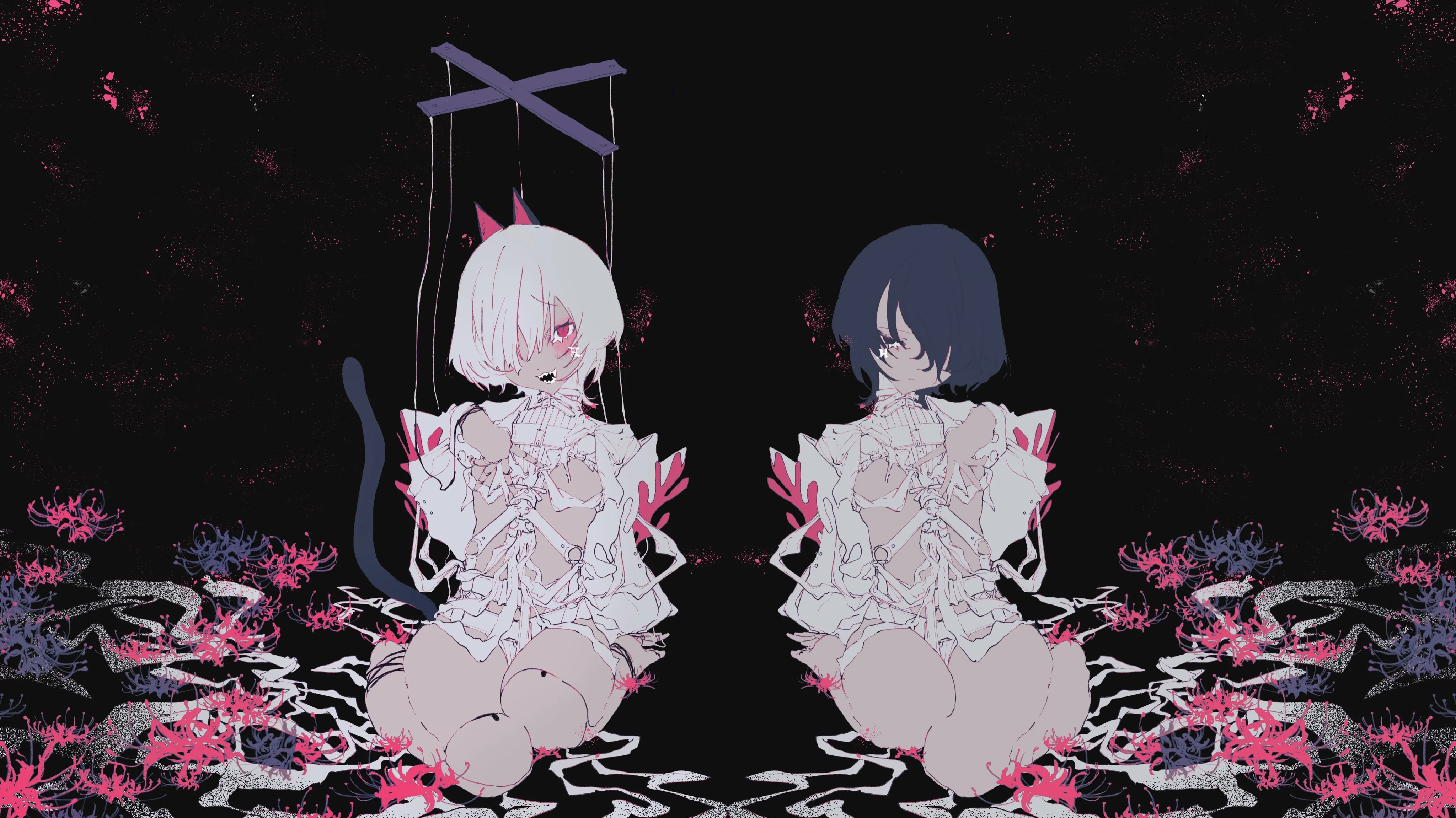 2girls,breasts,closed_mouth,sitting,multiple_girls,hair_over_one_eye,tail,spider_lily,horizontal,seiza,dark_skin,white_hair,looking_at_viewer,short_hair,pink_eyes,flower,black_hair,black_background